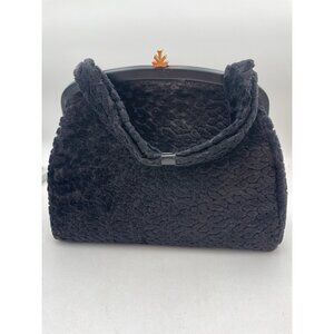 Vintage Black Faux Fur Handbag & Coin Purse Set With Metal Frame Velvet Handle